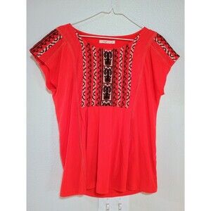 Women's Very Bright Coral Blouse Too With Black Accent Embroidery Size M